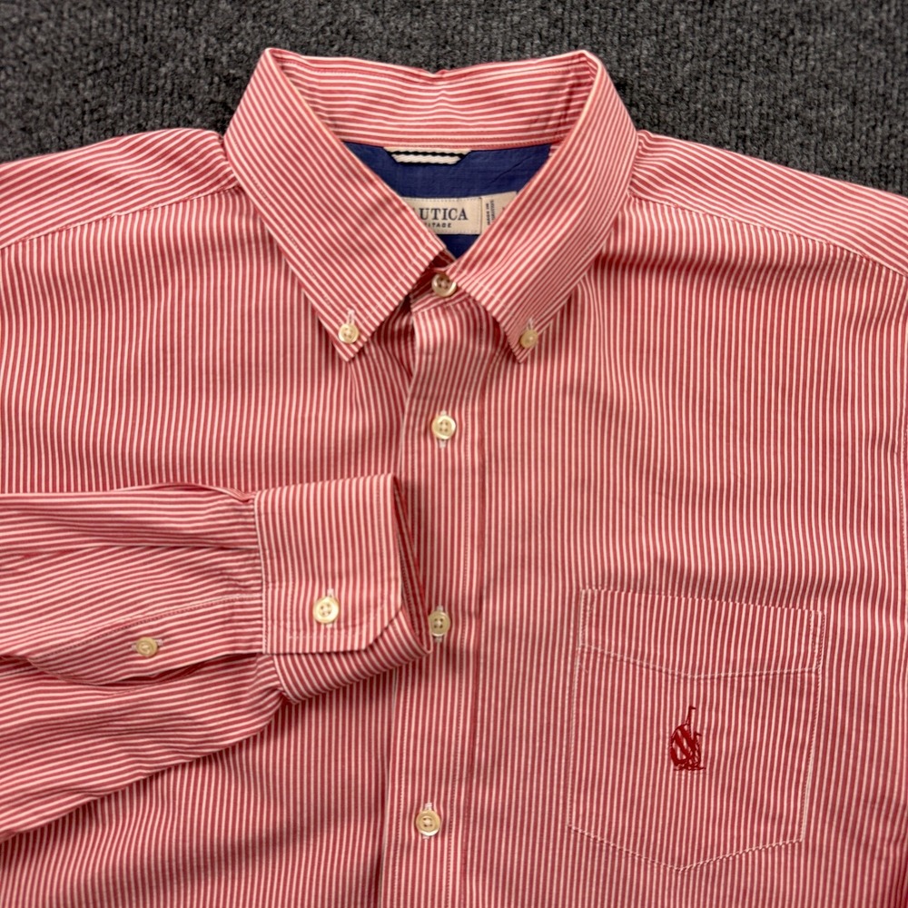 Nautica Heritage Button Down Shirt Red White Stripe Cotton Men L Coastal Preppy